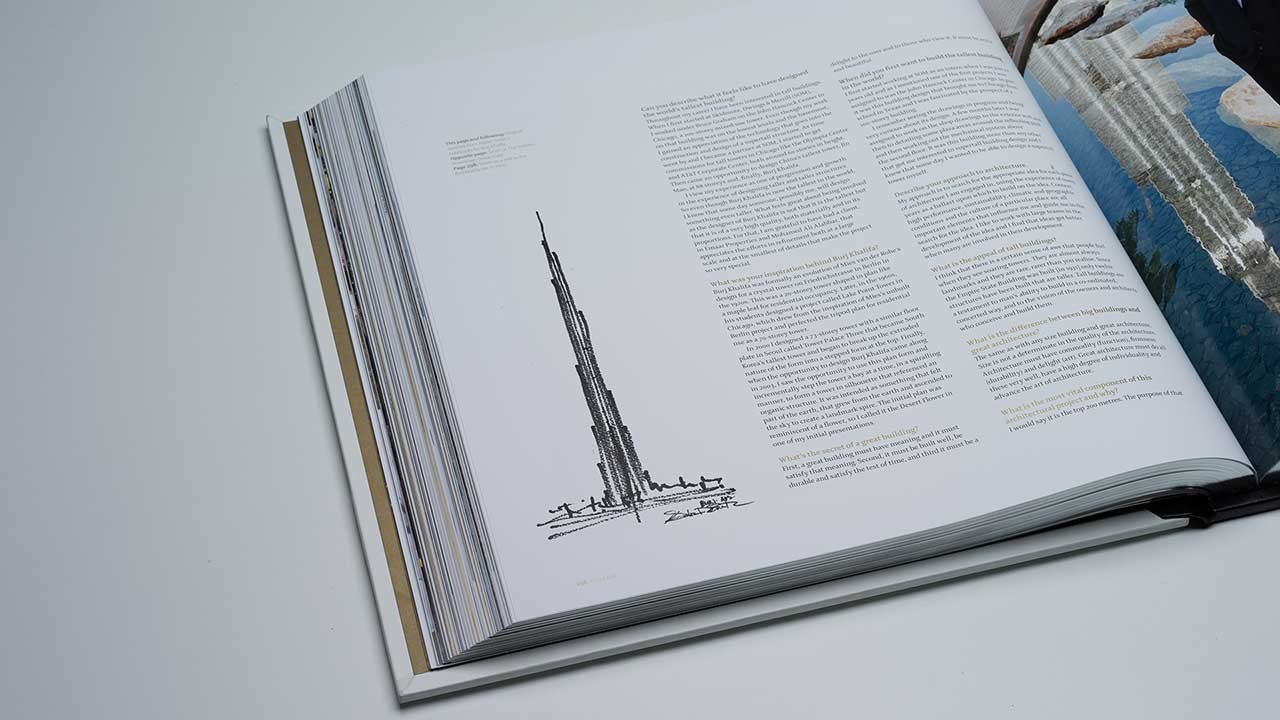 Interior spread from The Official Burj Khalifa Opus, featuring the tower's original hand-drawn concept sketch alongside an exclusive interview with its architect