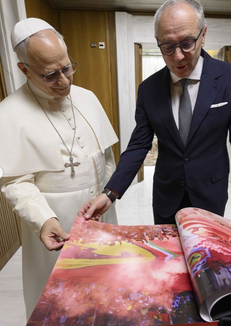 Formula 1 CEO Stefano Domenicali presenting The Official F1 75 Opus to His Holiness Pope Leo